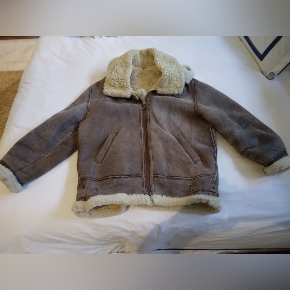 Men's Brown Shearling Bomber Jacket with Cream Lining